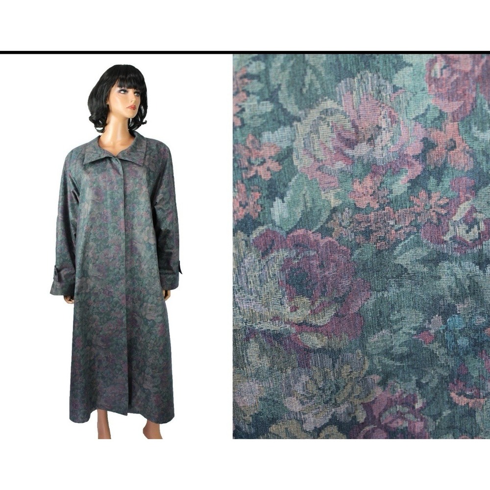 London Fog Trench Coat Sz 12 Petite Vintage 80s Long Floral Rain Jacket